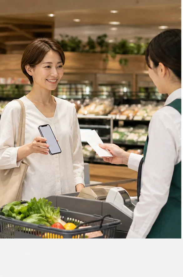 店頭でスマートフォン決済をする人