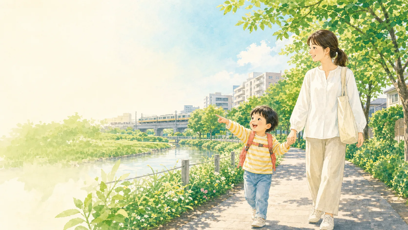 緑の遊歩道を歩く親子のイラスト