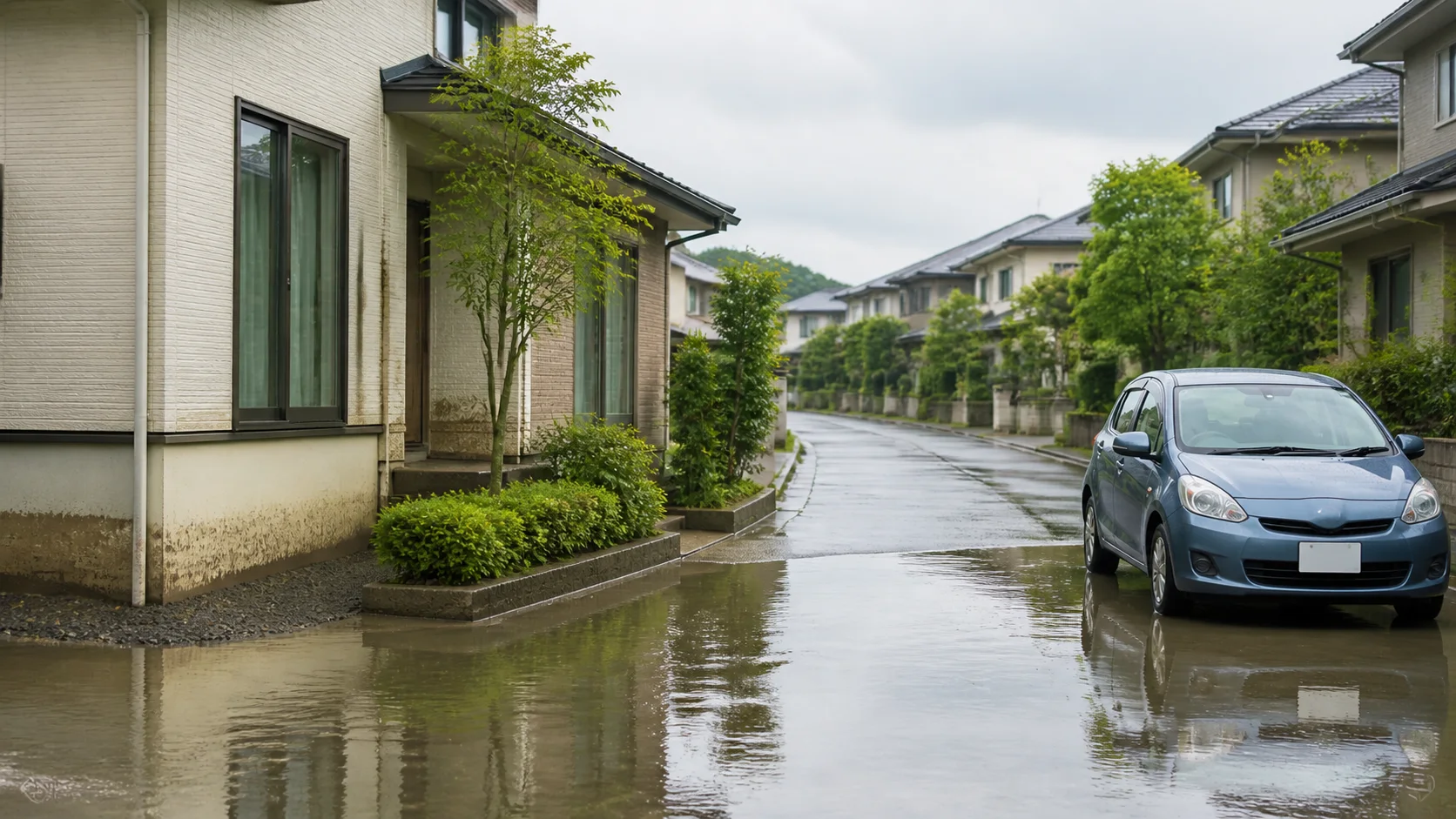 大雨の後、住宅の外壁に残った浸水跡と浅い水たまりのそばにある車